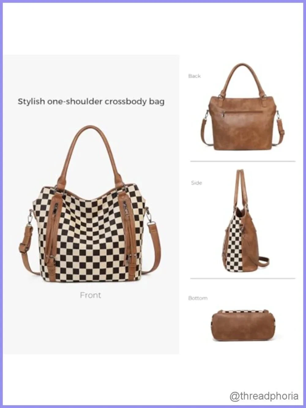 Checkered Hobo Tote Bag for Women Large PU Leather Shoulder Handbag with Pouch